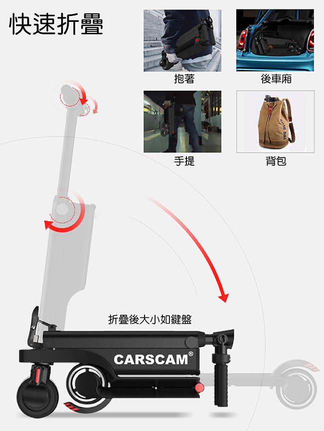 CARSCAM 6AH高電量 音樂精靈雙避震全折疊迷你電動滑板車